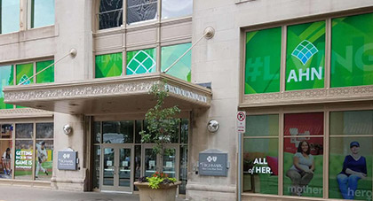 A shot of the exterior of AHN Downtown medical center.