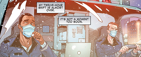 EMTs from the Marvel's graphic novel The Vitals - True Nurse Stories driving an ambulance in snow.