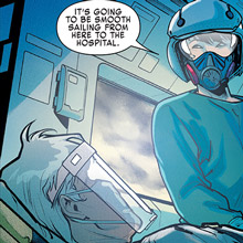 An EMT from the Marvel's graphic novel The Vitals - True Nurse Stories talking to patient in helicopter.