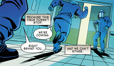 Nurses from the Marvel's graphic novel The Vitals - True Nurse Stories hurrying to enter an operating room.
